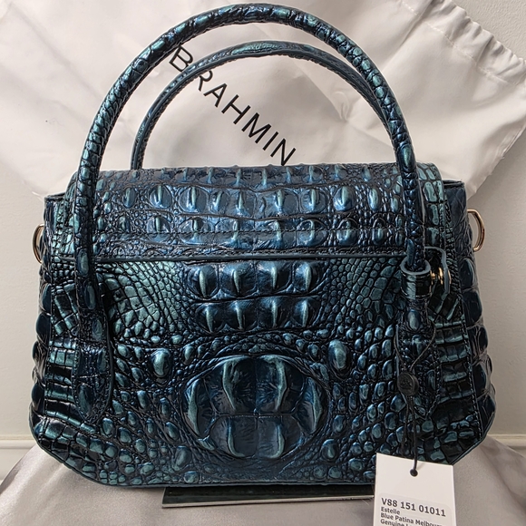 Brahmin Estelle Iridescent Teal Croc-Embossed Top-Handle Satchel - Picture 2 of 8